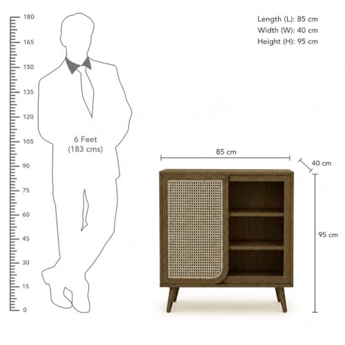 Image of The Attic INES Cabinet, Coffee Table for Living Room, Solid Wood Centre Table with Cane with Sliding Doors, Natural Finish