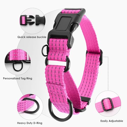 Image of Martingale Dog Collar, Reflective No Pull with Buckle, Pink, S | Escape Proof without choking ,Training Collar with Quick Release Buckle, Adjustable Heavy Duty Nylon collars for S M L Dogs