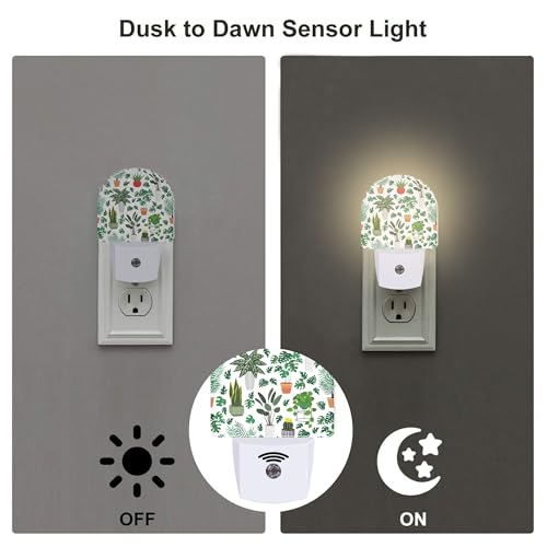 Image of Green Potted Plants Night Light, Home Botanical Floral Leaves Dusk to Dawn Night Light Plug in,0.5w Energy Saving Sleep Friendly Nightlights for Kids Boys Girls Home