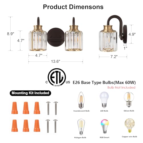 Image of ORB Bathroom Light Fixtures with K9 Crystal Lampshade Bathroom Lighting Over Mirror Vanity Lights for Living Room,Bedroom,Restroom,Hallway 2 Lights