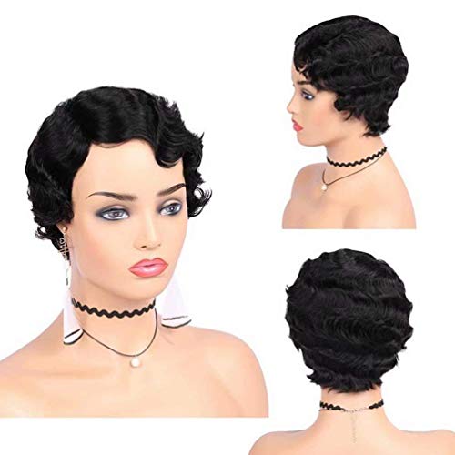 Short Finger Wave Wigs Brazilian Mom Wigs Ocean Wave Pixie Wig Remy Human Hair Short Cut Curly Wigs For Black/White Women (1B# Natural Black)