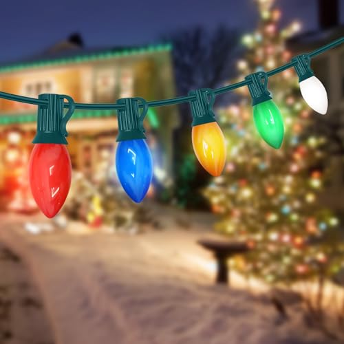 CHYSUPER C7 LED Christmas Lights - 25FT Outdoor Multicolor String Lights Vintage Hanging Decor for Roofline Xmas Tree Patio Holiday Party Wedding Green Wire