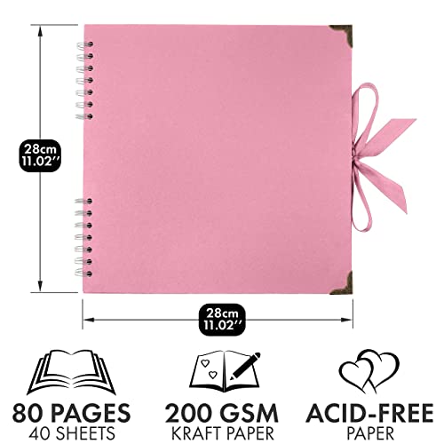 Bstorify Square Scrapbook Photo Albums 80 Pages (28 x 28 Cm) Pink Thick Paper, Hardcover, Ribbon Closure - Ideal for Your Scrapbooking Albums, Art & Craft Projects (Pink, 28 x 28 Cm)