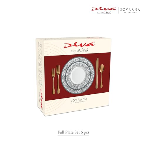 Image of La Opala Diva Sovrana Collection Opal Glass Crockery | Full Plate Set of 6 Persian Silver | Dinner Plate for Dining & Gifting | Microwave Safe | 100% Vegetarian | Extra Strong | Super Light & White