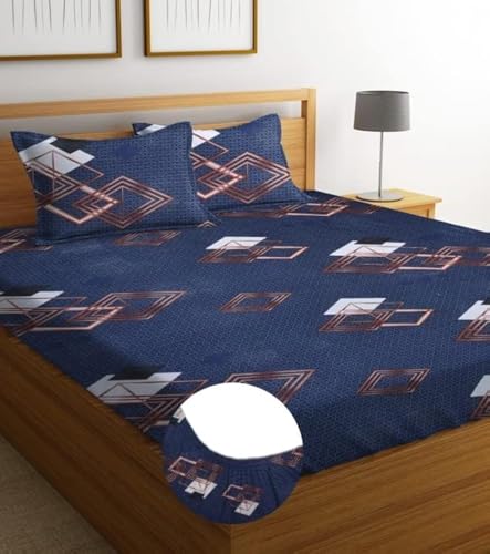 Image of BSB HOME Premium Cotton Elastic Fitted Bedsheets with 2 King Size Pillow Covers | Double Bed with All Around Elastic 180 TC Supersoft | (72 inchx78 inch,Blue & Brown)