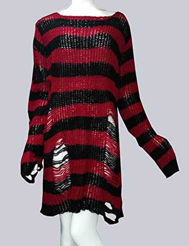 Peaceglad Womens Oversized Goth Punk Ripped Striped Long Sleeve Pullover Sweater Dress Tops2