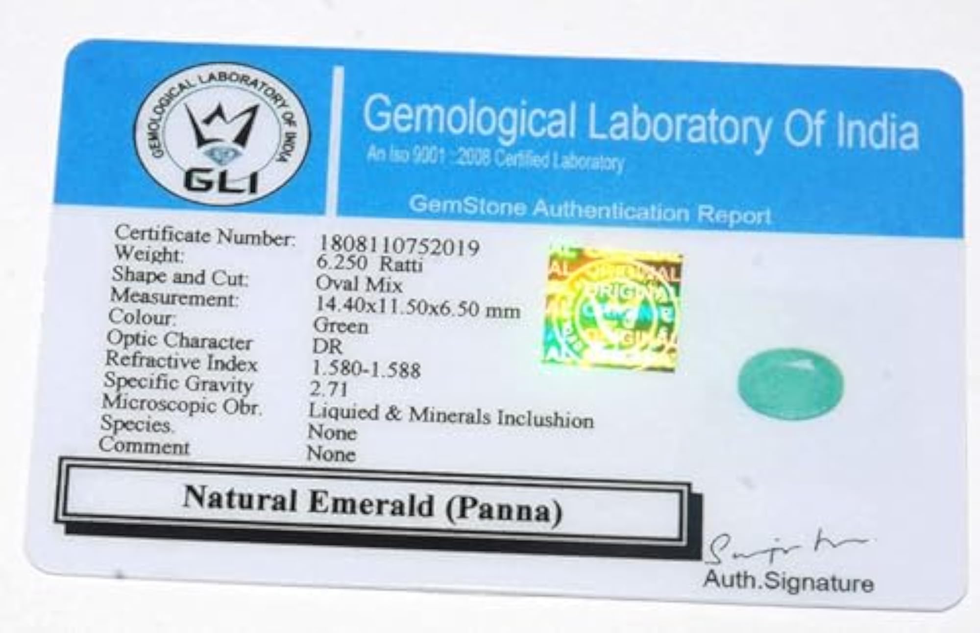 Certified 5.25 Ratti Green Emerald Stone (Panna), Oval Shape