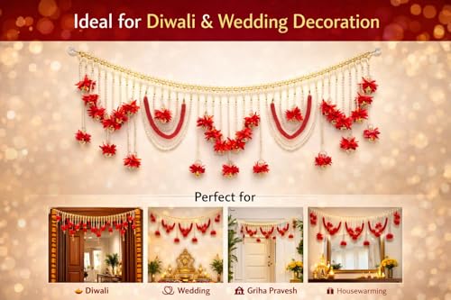 Image of Luxury Red Floral Pearl Toran 3 Feet | Handcrafted Traditional Bandhanwar for Door & Mandir | Festive Indian Home Decoration