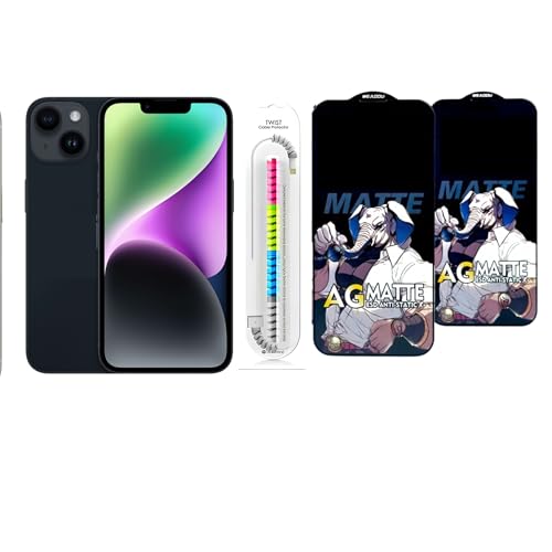 Image of Edge To Edge Matte Tempered Glass Screen Protector Compatible With iPhone 14, 9H Hardness, Anti-Fingerprint, FHD Clear With Cable ProtectorPack 2