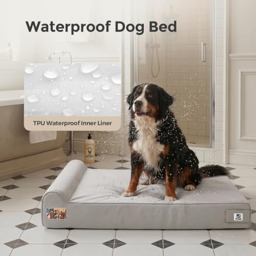 Image of Sytopia Orthopedic Dog Beds for Extra Large Dogs, 7 inch Extra Thick Memory Foam Canvas Pet Bed with Durable Chew Proof Fabric Cover, Waterproof Liner & Washable Cover, Nonskid Bottom, Light Grey