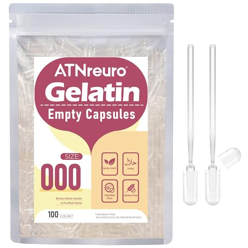 ATNreuro Cápsulas de Gelatina Vacías Tamaño 000 (100 piezas), Transparentes, Halal, Sin Gluten, Sin OMG, con 2 Microcucharas, Ideal para Vitaminas y Suplementos, Inodoras e Insípidas