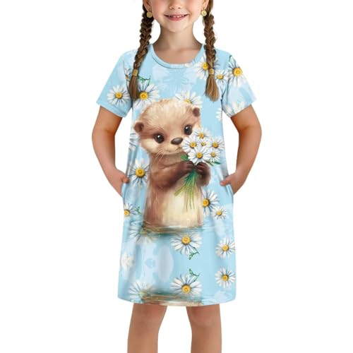 Kids Dresses for Girls 3-14Y Summer Cute Short Sleeve Swing Dress with Pockets Soft Night Home Ladybug Dresses