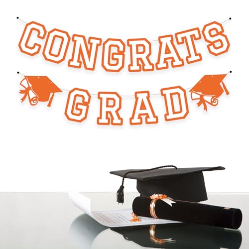 Image of Congrats Grad Banner Graduation Party Banner Decoration Hanging Garland High School College Backdrop Supplies Orange White