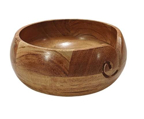 Image of Handmade Acacia Wood Yarn Bowl - Large Knitting & Crochet Holder for Tangle-Free Crafting - 6.5 inch x 3 inch (Natural Finish) - Gift for Knitters & Crocheters