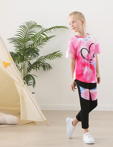 Image of Girls 2 Piece Outfits Kids Clothes Pants Sets Print Short Sleeve Top Leggings Spring Summer Tracksuit 4-13Y