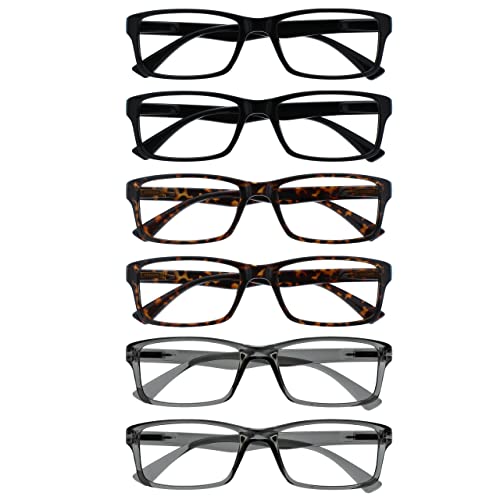 OPULIZE PEP Classic Reading Glasses for Women Men, Scratch Resistant Rectangular Frame with Spring Hinges, Black, Brown, Grey, +3 (Pack of 6)