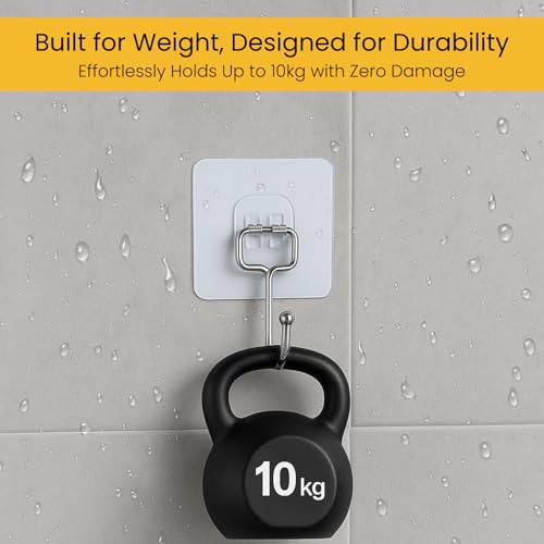 Image of Zulaxy Big Size Transparent Wall Hooks for Hanging - Heavy Duty Stainless Steel Adhesive Hooks for Bathroom, Kitchen, Towel, Utensils & Keys - Waterproof, No Drilling Required (Pack of 10)