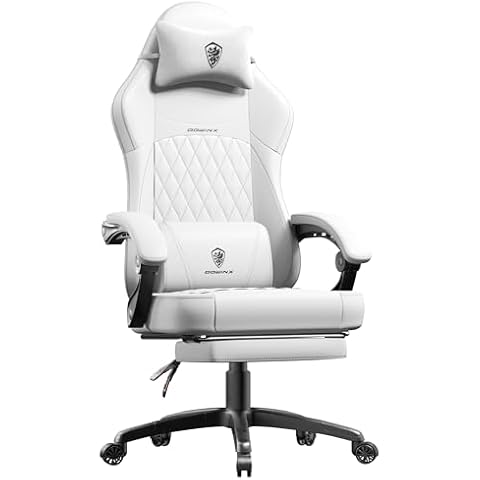 Dowinx Gaming Chair with Pocket Spring Cushion, Ergonomic Computer Chair with Massage Lumbar and Footrest for Adults, High Back Game Chair Leather for Office Gaming 300LBS, All White Cover