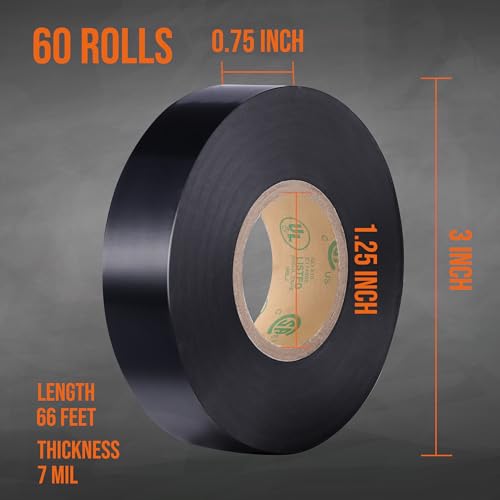 Image of Lichamp 60 Pack Black Electrical Tape Waterproof, 3 /4 in x 66ft, Industrial Grade UL /CSA Listed High Temp Electrical Tape Electric Super Vinyl