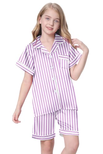 Image of Schbbbta Girls Womens Pajamas, Satin Silky Pjs Set Kids 2Pcs Button-Down Nightwear Sleepwear Gift for Mommy and me
