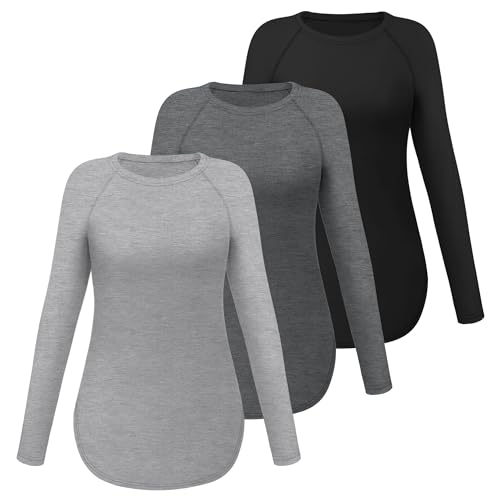 Ficerd 3 Pack Women's Long Sleeve T-Shirts Crew Neck Raglan Sleeve Casual Loose Fit Shirts Side Split Curved Hem Tunic Tops2