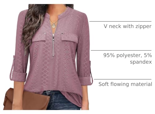 Image of Bulotus 3 /4 Length Sleeve Womens Striped Tops Zipper V Neck Collared Blouses Business Casual Tunics 2026 Spring Trendy
