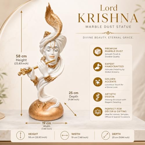Image of ARMONIA Lord Krishna Idol Marble Dust Statue Murti for Home Decor, Pooja Room & Mandir | Krishna Sculpture Showpiece for Living Room| Housewarming Gift | 22.83 Inch | (Includes Microfiber Cloth)