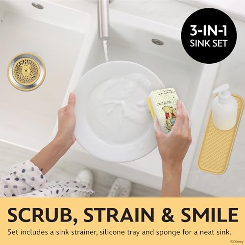 Image of Disney Winnie the Pooh Sink Drain Strainer, Dish Sponge & Silicone Tray Set
