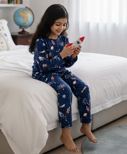 Image of ANTHRILO Pajama T-Shirt Set for Girls | Kids Night Suit for Girls | Nightwear | 100% Cotton Pyjama Set Solar System Fun Dreams Print Blue | Long Sleeve T-Shirt and Pajama | 12-13 Years