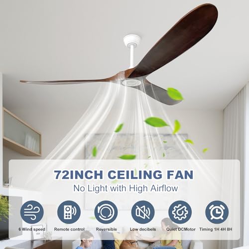 Image of 72'' Outdoor Ceiling Fans without Light,3 Solid Wood Blades with DC Silent and Large Airflow,Modern Ceiling Fan for Bedroom,Living Room,Porch (White+Dark walnut)