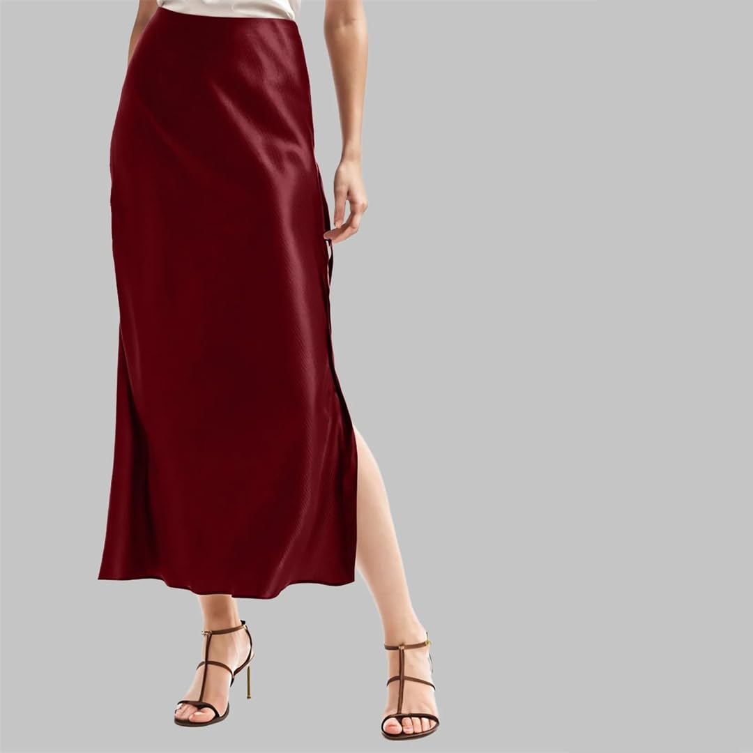 Jupes en satin taille haute solide taille élastique jupe femme fente latérale jupe en satin vintage