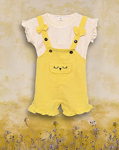 Image of Bold N Elegant Tide Edition Han Summer Suits Cartoon 2 pc Suspender Dungaree Baby Boy Girl Clothing Tshirt Shorts for little Kids (Yellow, 3-4 Years)