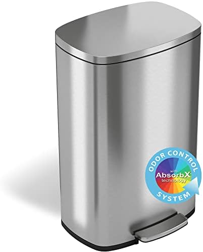 iTouchless SoftStep 13.2 Gallon Step Trash Can with Odor Filter & Detachable Interior Bucket, 50 Liter Rubbish Bin for Kitchen or Workplace, Silver 13 Gal Stainless Metal