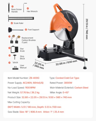Image of VEVOR Chop Saw 16-inch Cold Cut Blade 3000 W Powerful Motor Cut Off Saw | For Cutting Metal, -45 to 45 Adjustable Angle, Efficient Dry Cutting, Stable, with Thickened Blade Guard and Scale Ruler