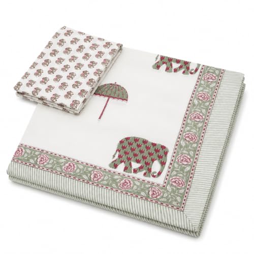 Image of Premium Bedsheet with 2 Pillow Covers I Hand Block I Pure & Soft Percale Cotton I 300 TC I 90x108 inches (King Size Double Bed Luxury Bedcover) I Elephant Print I Pink & Green