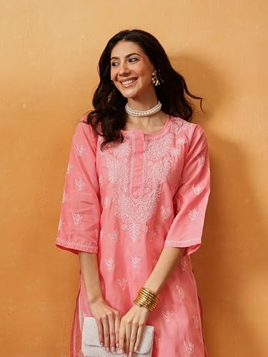 Image of Ada Hand Embroidered Lucknowi Chikankari Cotton Kurta for Women A133488 | Handcrafted lucknow chikan embroidery latest womens ethnic wear kurti tunic for office work wear