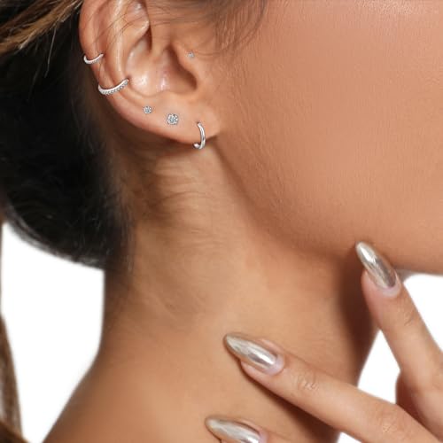 6 Pairs Sterling Silver Earrings Sets for Multiple Piercing Small Silver Huggie Hoop Flat Back Surgical Steel Tiny CZ Stud Earrings for Women Trendy Cartilage Hypoallergenic3