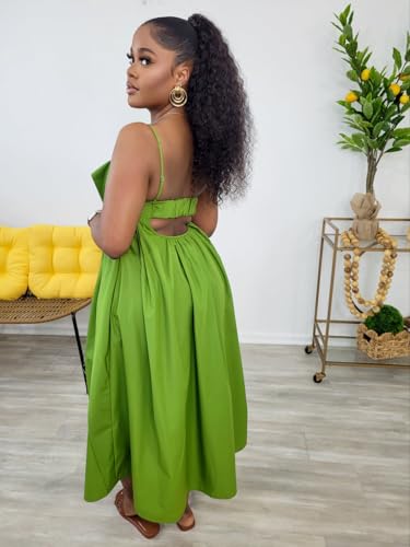 Image of YUEWOO Midi Dresses for Women Casual Summer Sundresses Vacation Outfits Spaghetti Strap Smocked Women Maxi Dress with Pockets