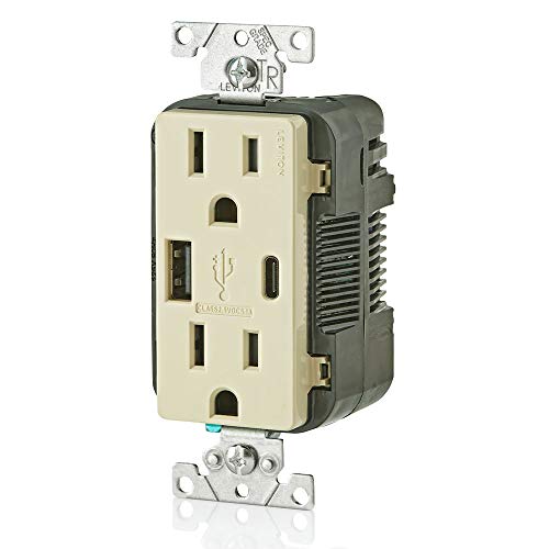 Image of Leviton T5633-I Type A & Type-C USB in-Wall Charger with 15A Tamper-Resistant Outlet, USB Charger for Smartphones and Tablets. Not for Laptops, Ivory