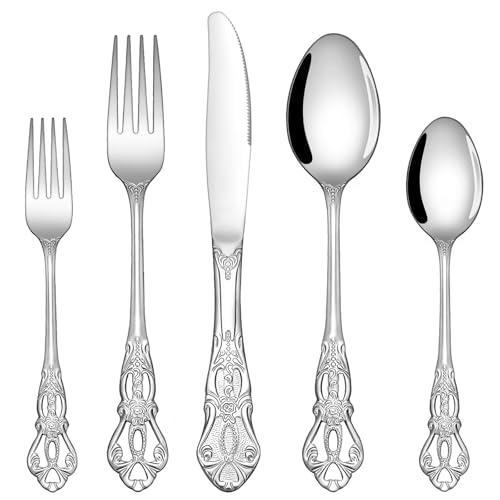 EUIRIO 40 Pieces Royal Silverware Set, Retro Flatware Set for 8, Stainless Steel Cutlery Set with Luxury Forks Spoons and Knives, Utensil Set Mirror Polished, Dishwasher Safe EUIRIO 40 Pieces Royal Silverware Set, Retro Flatware Set for 8, Stainless Steel Cutlery Set with Luxury Forks Spoons and Knives, Utensil Set Mirror Polished, Dishwasher Safe