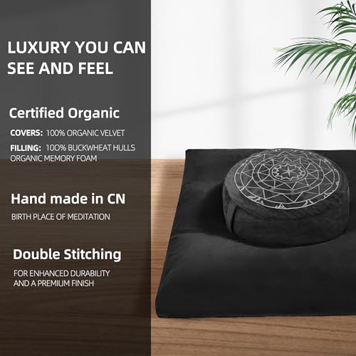Zafu & Zabuton Meditation Cushion Set - Buckwheat Hull & Memory Foam Pillows, Ergonomic Support for Yoga, Mindfulness - Organic Velvet Cover, Large Size, Durable Comfort (Black) extra image 3 preview