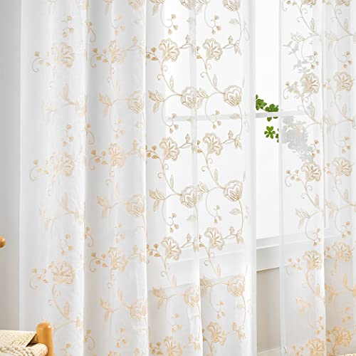 Image of Beige Sheer Curtains Embroidery 63 Inch Length Rod Pocket Voile Drapes for Living room, Bedroom, Window Treatments Semi Flower Pattern Curtain Panels for Kitchen, Yard, Farmhouse, Set of 2, 52 inchx 63 inch.