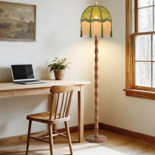 Image of ZECOXOL Wood Floor Lamps for Living Room Boho Rustic Floor Lamp with Remote Control,Dimmable Vintage Floor Lamp Green Mid Century Modern Standing Lamp Pole Tall Fringe Floor Lamp for Bedroom Corner