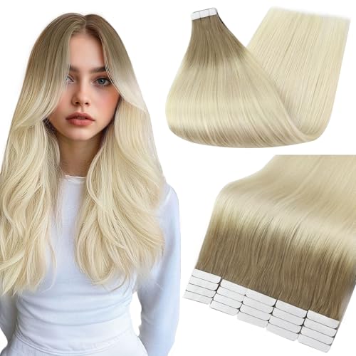 Image of Full Shine Tape in Extensions, Brown Root Platinum Blonde 14 Inch | 50g 20PCS, Seamless Skin Weft Tape in Hair Extensions Human Hair, Invisible Straight Finish Soft Texture Everyday Wear
