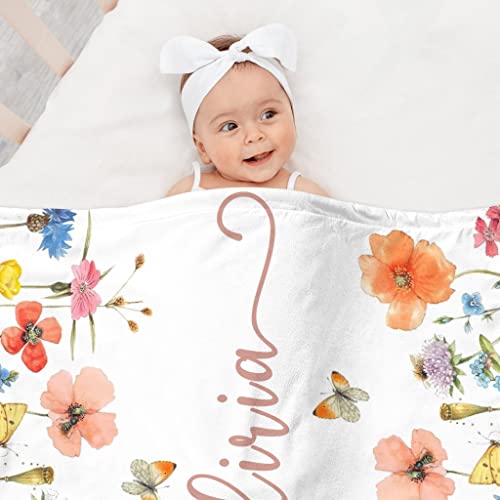 Image of Personalized Swaddle Baby Blankets with Name Plants Flowers, Customized Floral Nursery Blanket for Girls, Newborn Shower Gifts for Baby Girl, Easter Birthday Gifts for Kids Girls