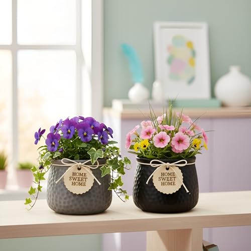 Image of Xtore Sleek Textured Ceramic Planter Set of 2 with Wooden Tag Accent | Modern Minimal Indoor Pots for Desk, Shelf & Home Styling (Pack of 2, Planter only)