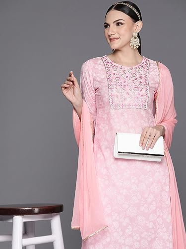 Image of INDO ERA Women's Cotton Embroidered Straight Kurta With Pant & Dupatta Set (KH0PK7187)