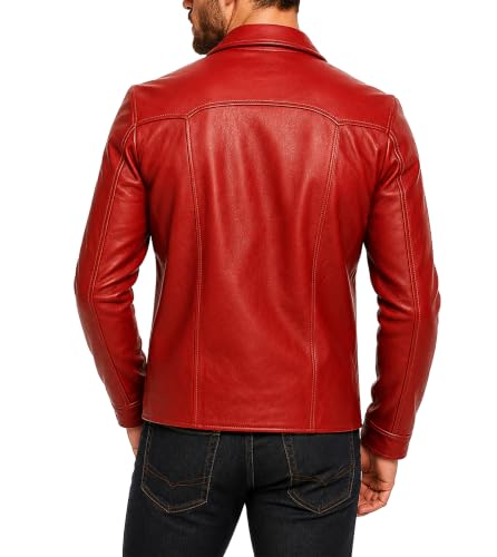 Image of Mens Fight Tyler Durden Brad Inspired Costume Leather Jacket | Short Lapel Collar Motorcycle Retro Racing Red Faux Leather Biker Jacket