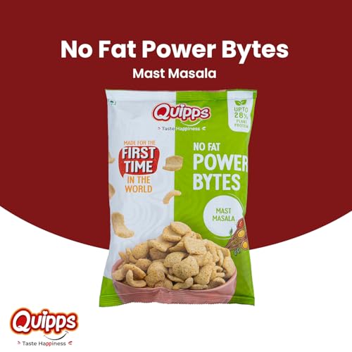 Image of Quipps No Fat Power Bytes - Mast Masala | 60g | High-Protein Puffed Snack | Up to 28% Plant Protein | Inherent Fat Up to 4% | Gluten-Free | Non-Fried | Crunchy, Healthy Multigrain Tea-Time Office Snack | No Preservatives | Patent Applied