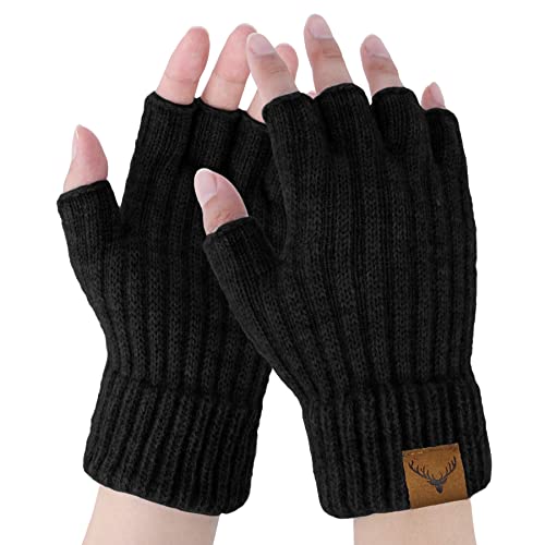 Fingerless Gloves for Men - Winter Knitted Gloves Thermal Fingerless Gloves Half Finger Gloves Fleece Lined for Working Driving Typing, Dark Grey#stripe, One Size